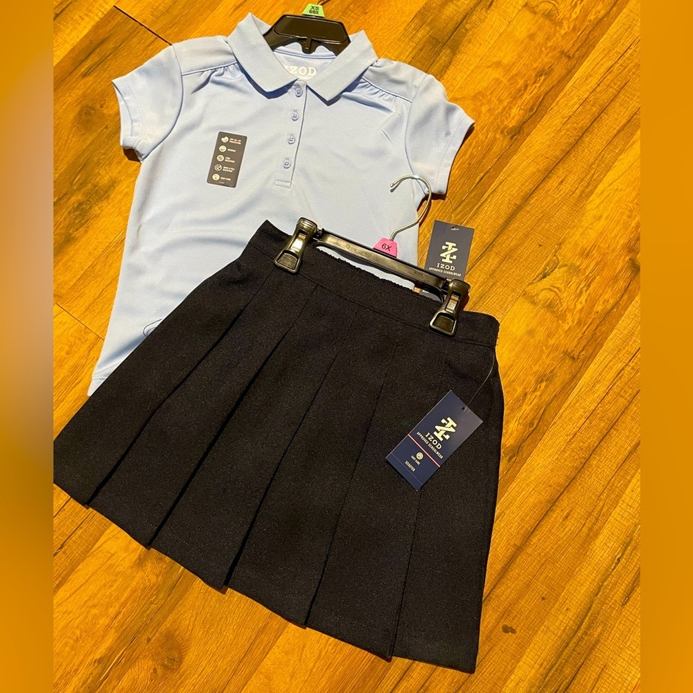 Izod Girls Uniforms Sky Blue Polo and Dark Navy Skirt Set